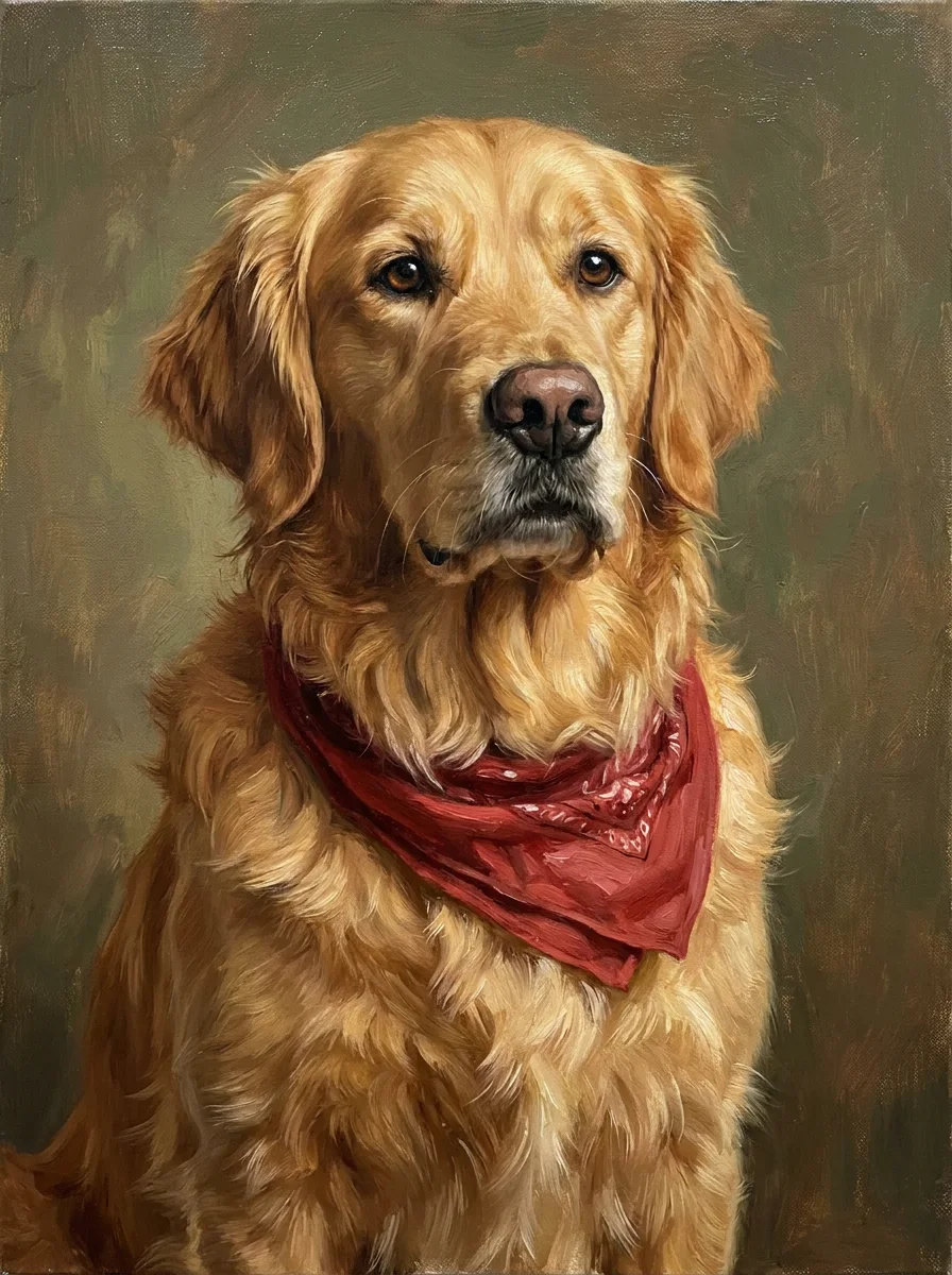Nano Banana Pro: pet portrait of a golden retriever with a red bandana, sitting proudly