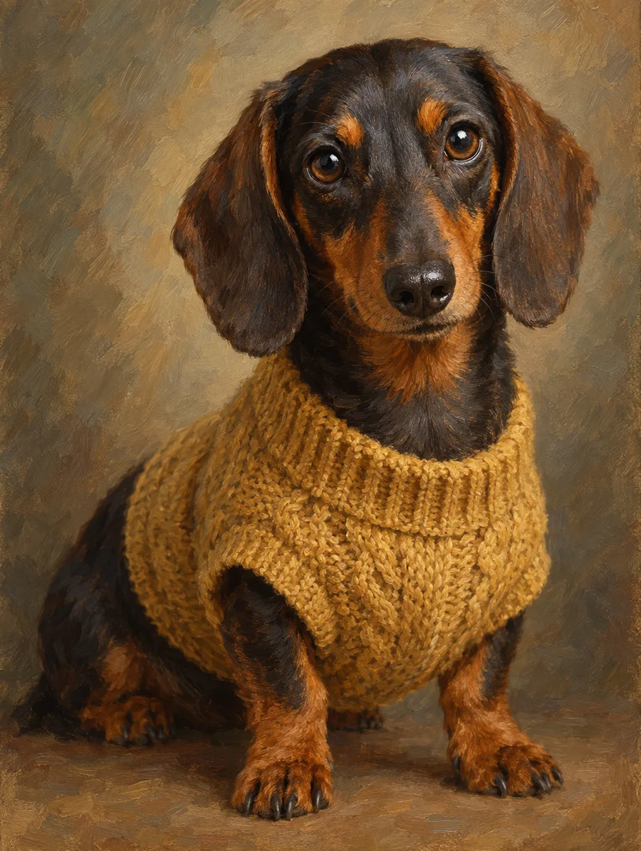 Pet portrait of a dachshund in a tiny knitted sweater