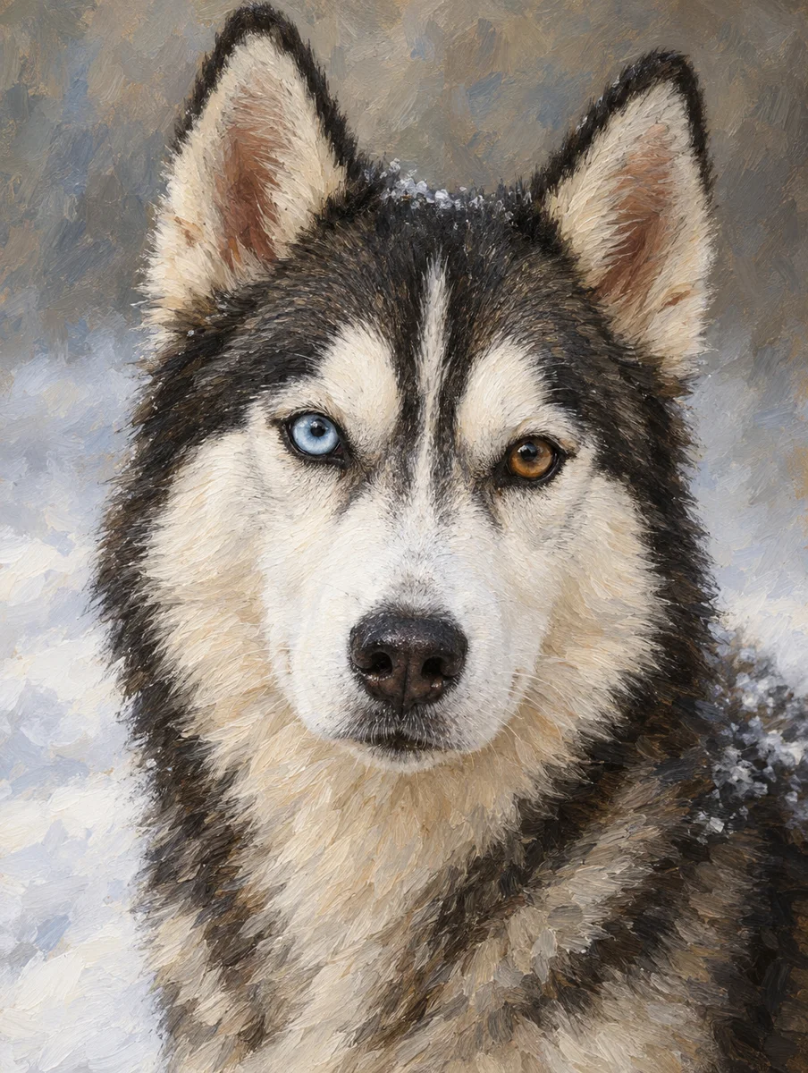 Pet portrait of a husky with one blue eye and one brown eye, snowy background