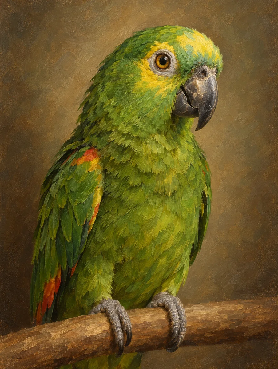 Pet portrait of a green parrot on a wooden perch