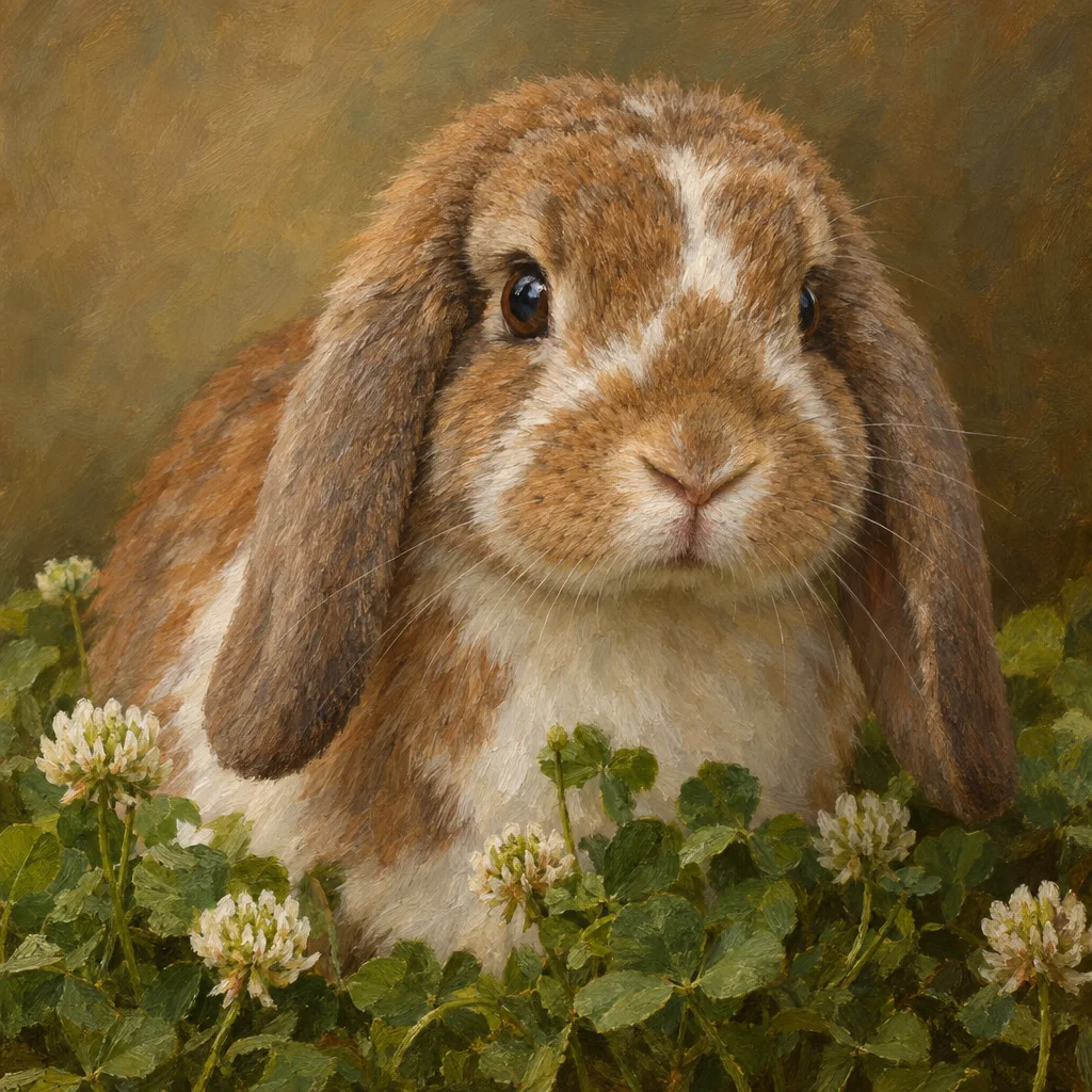 Pet portrait of a lop-eared rabbit among clover