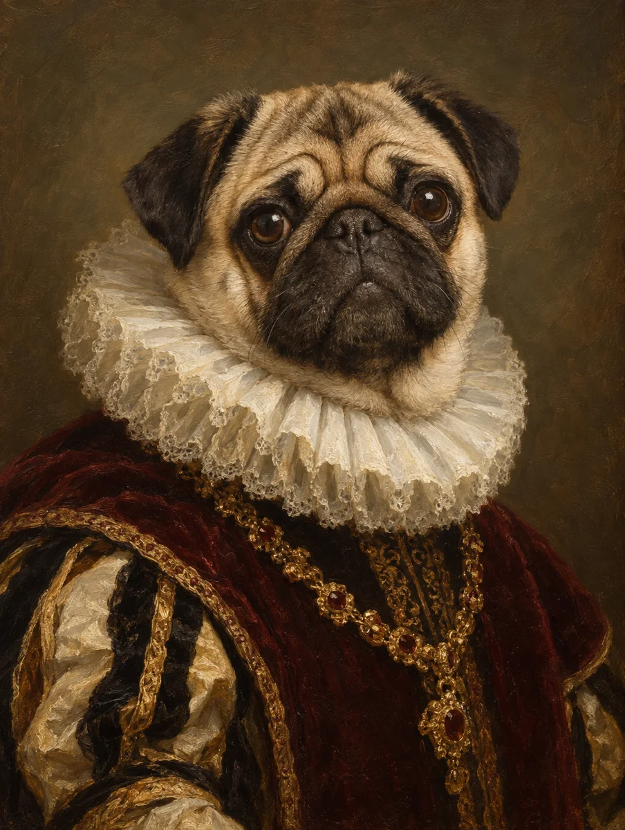 Pet portrait of a pug dressed as a renaissance nobleman in a ruff collar