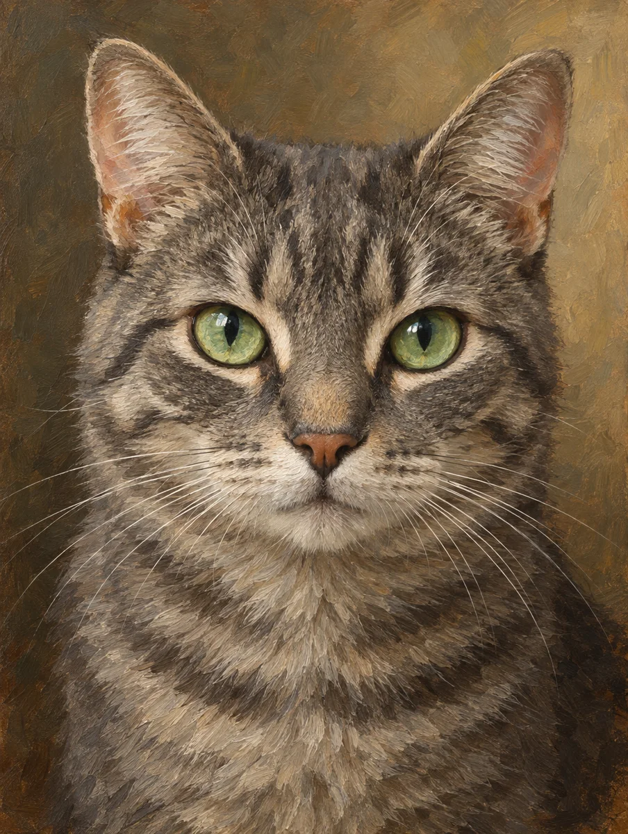 Pet portrait of a grey tabby cat with green eyes, looking straight at the viewer