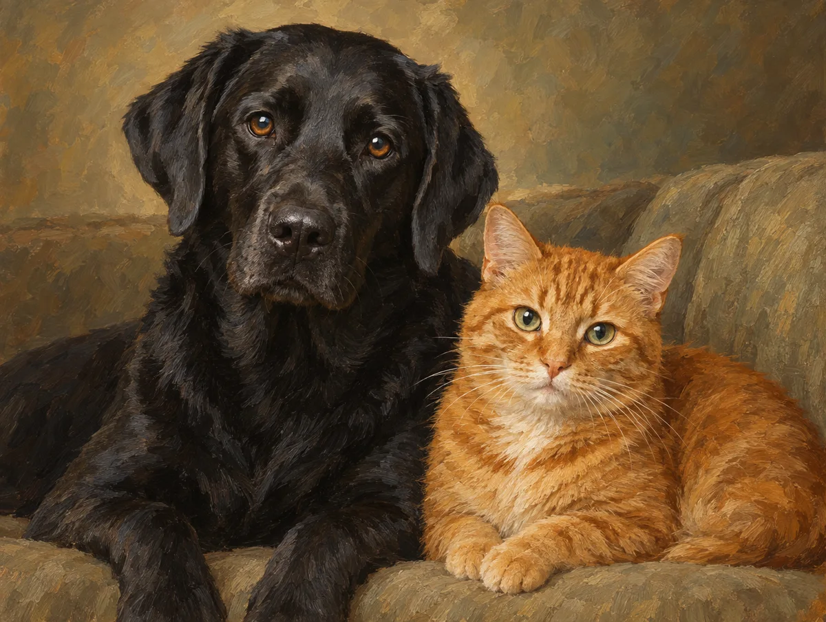Pet portrait of a black lab and a ginger cat sitting together on a sofa