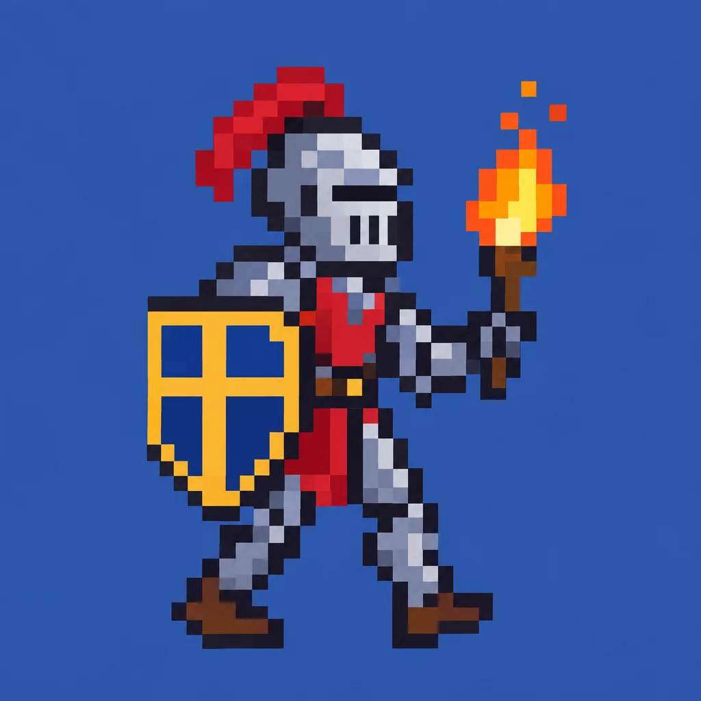 GPT Image 2.5 Flare: pixel art of a knight with a shield and a torch, walking right