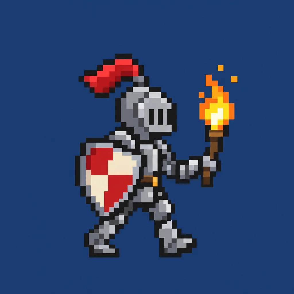 GPT Image 2.5 Sunburst: pixel art of a knight with a shield and a torch, walking right
