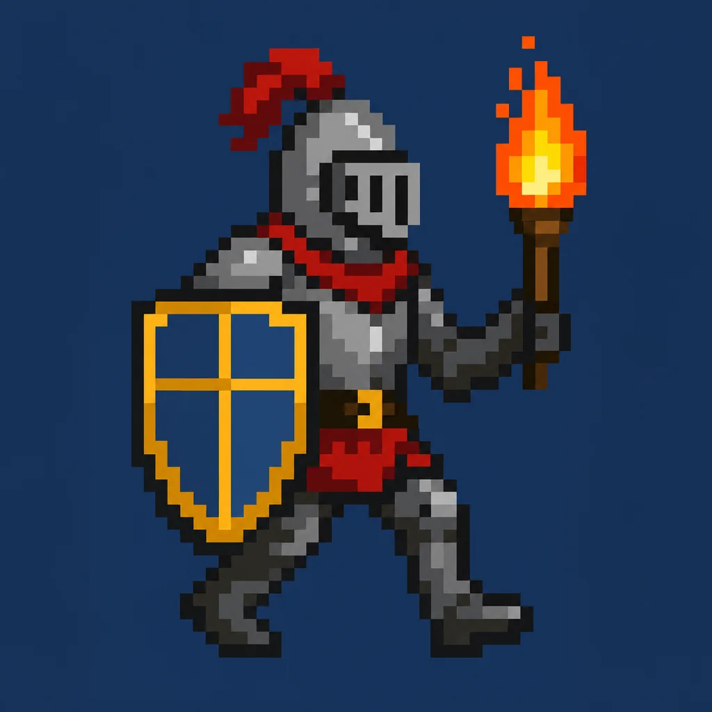 GPT Image 2: pixel art of a knight with a shield and a torch, walking right