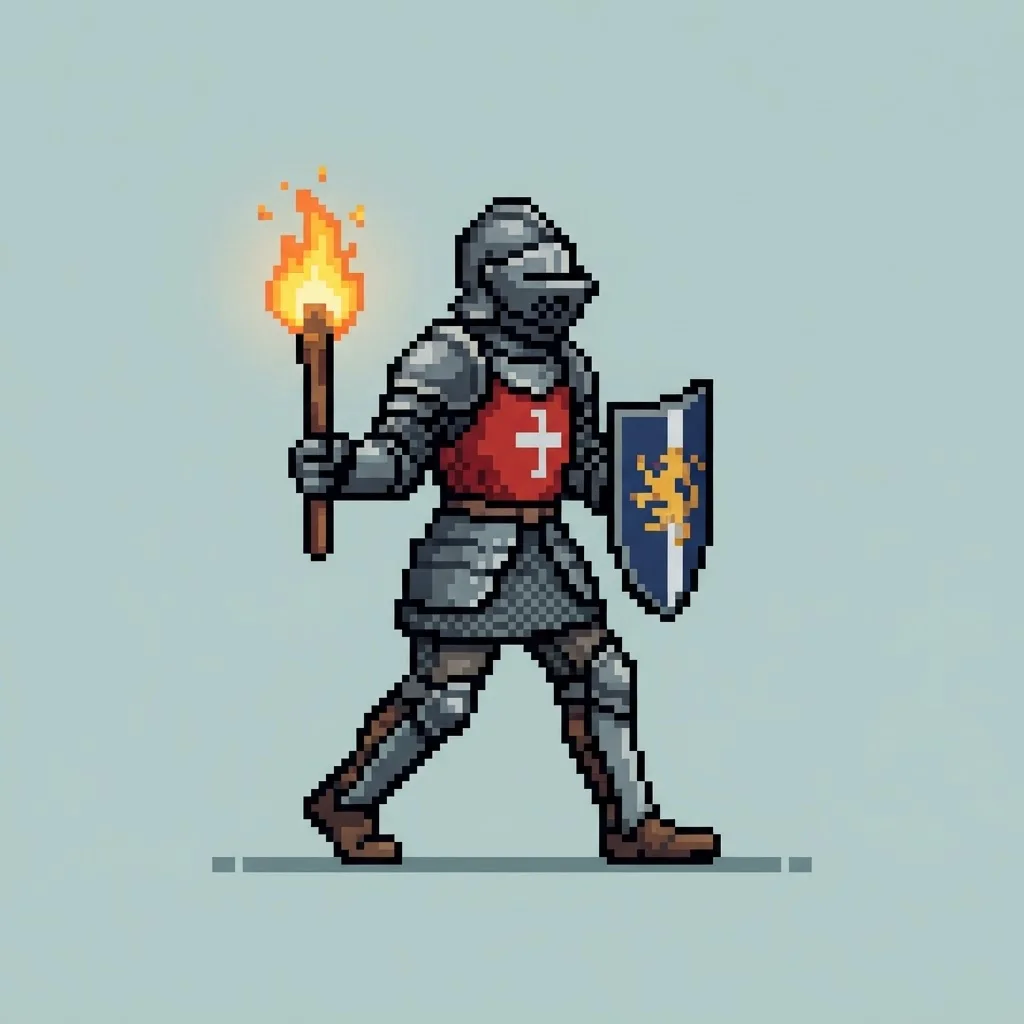 Nano Banana 2 Lite: pixel art of a knight with a shield and a torch, walking right