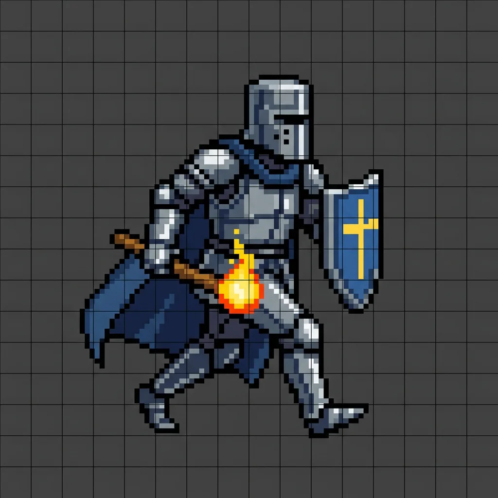 Nano Banana 2: pixel art of a knight with a shield and a torch, walking right