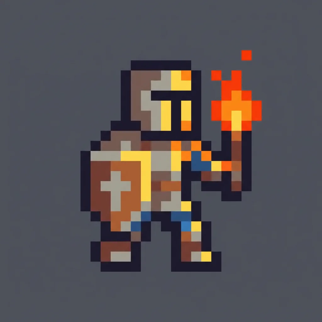 Nano Banana Pro: pixel art of a knight with a shield and a torch, walking right