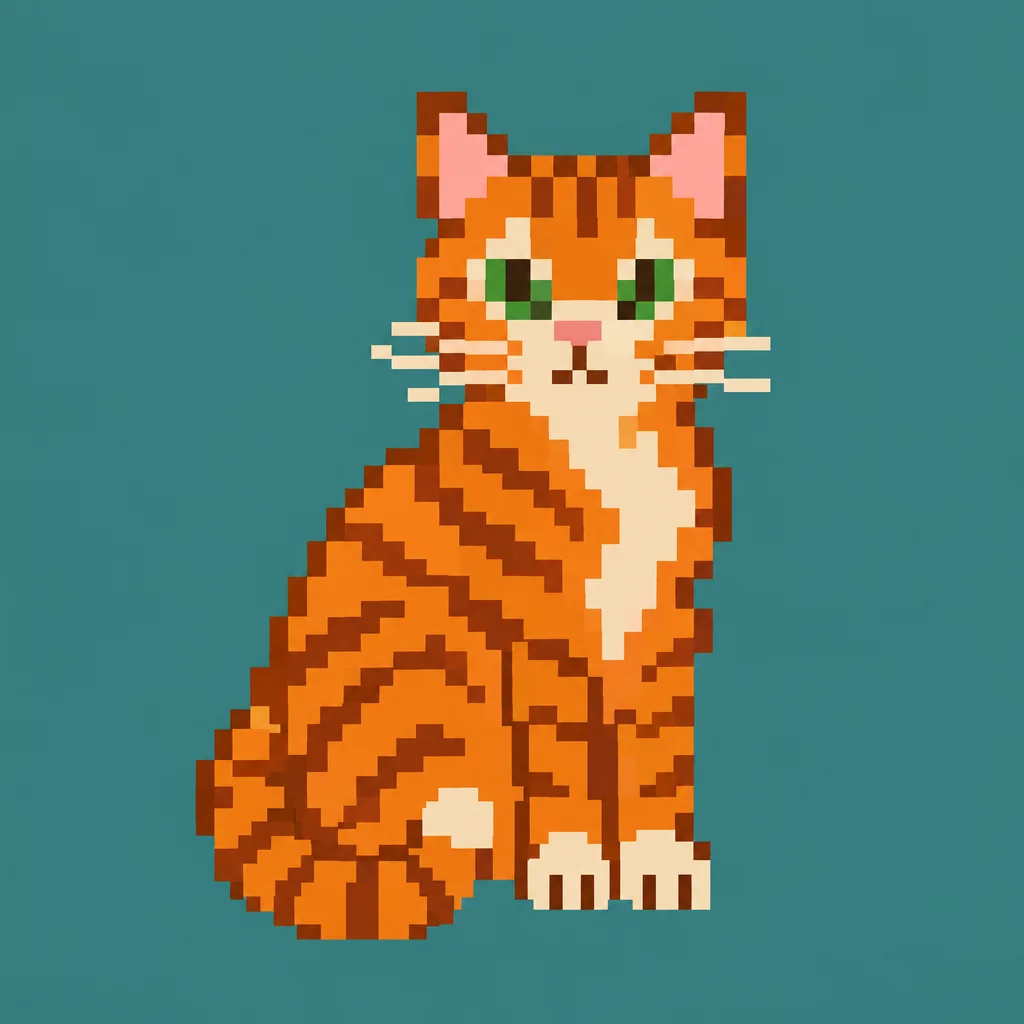 Pixel art of an orange tabby cat sitting, tail curled