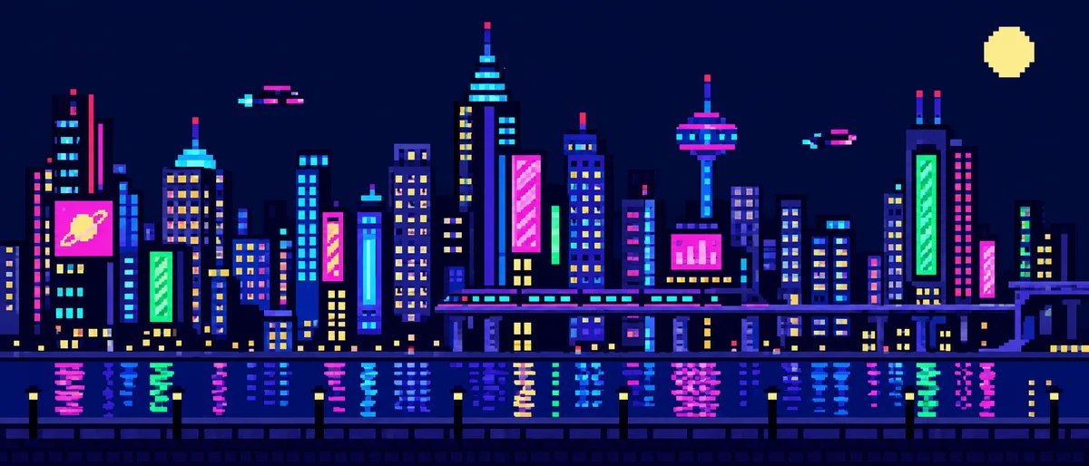 Pixel art of a night city skyline with neon signs, side-scroller background
