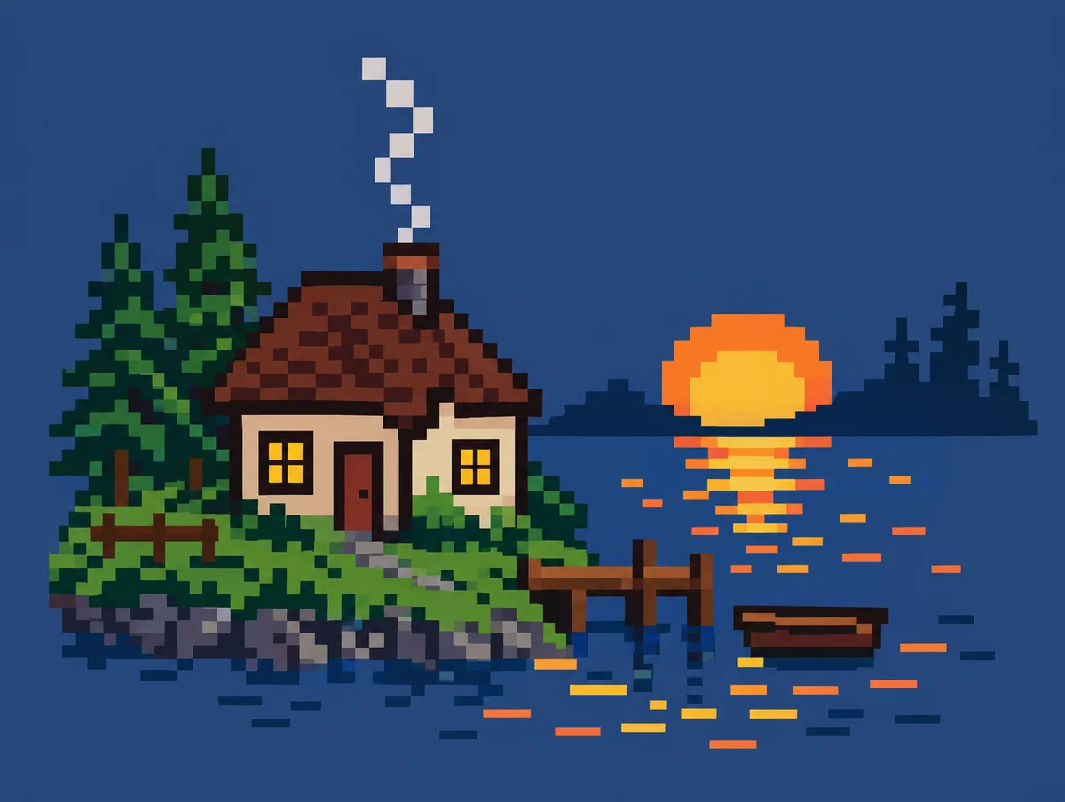 Pixel art of a cottage by a lake at sunset with smoke from the chimney