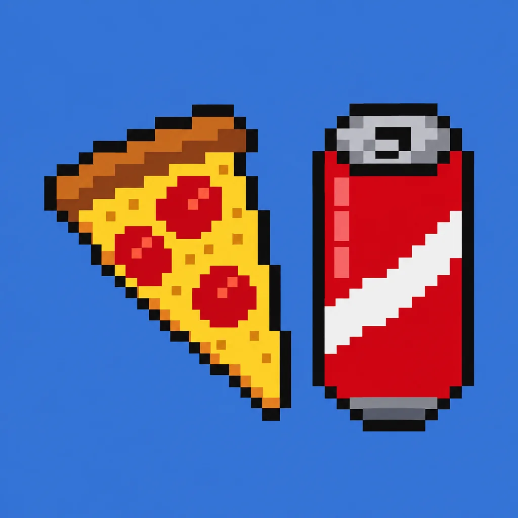 Pixel art of a slice of pizza and a soda can