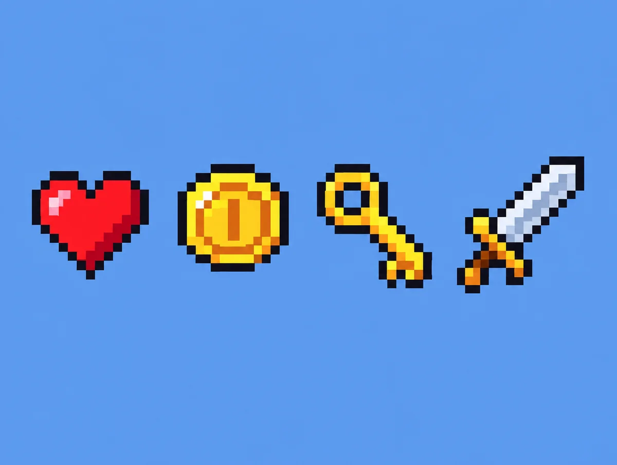 Pixel art of four game icons in a row: a heart, a coin, a key and a sword