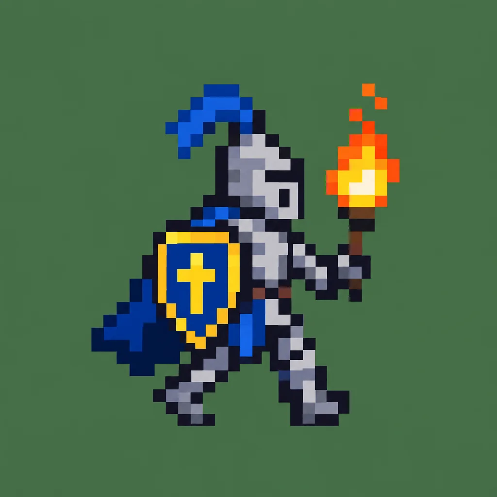 Pixel art of a knight with a shield and a torch, walking right