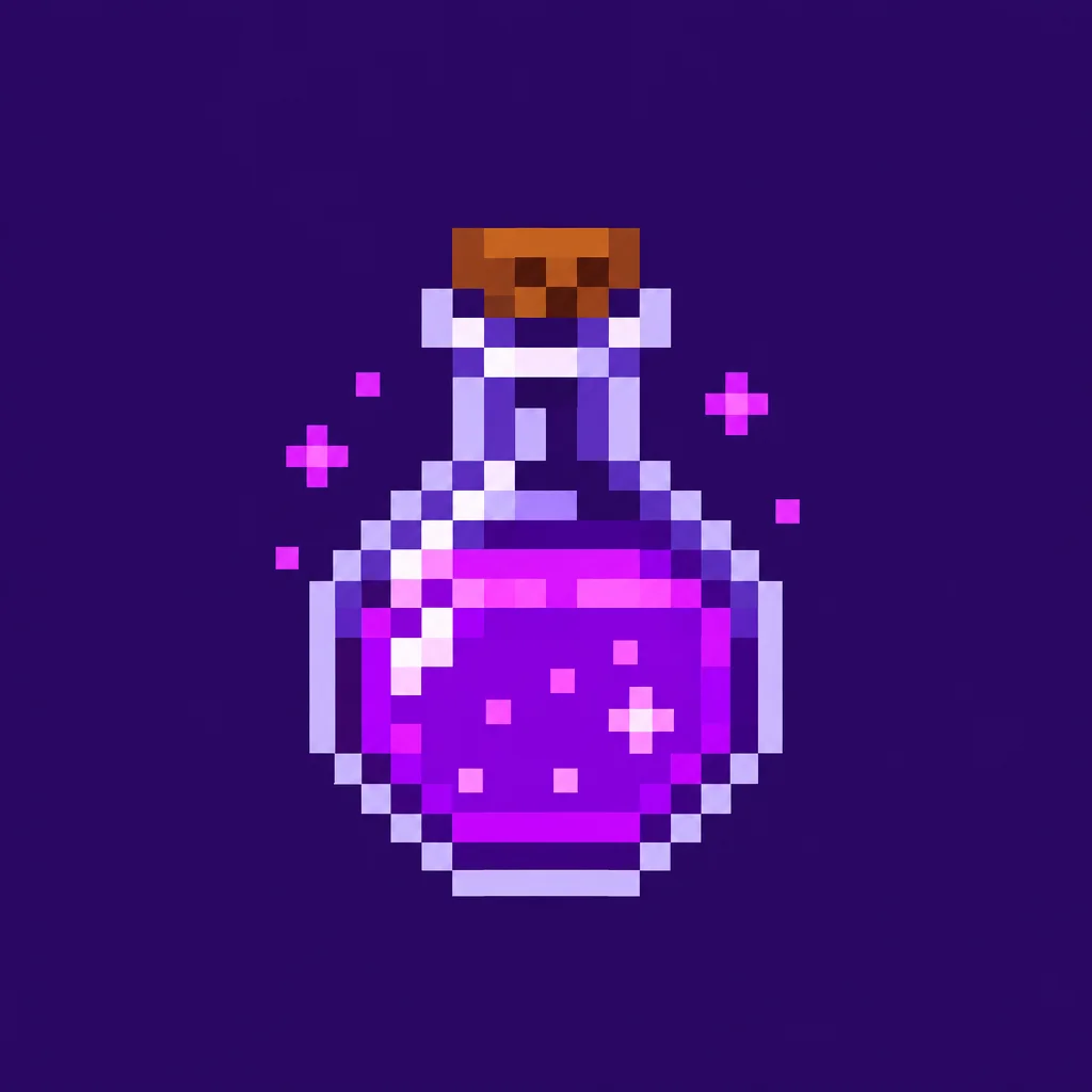 Pixel art of a glowing purple potion bottle with a cork