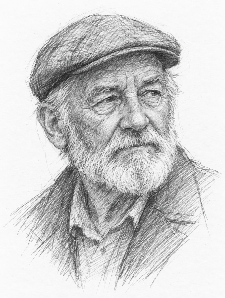 GPT Image 2.5 Flare: pencil sketch of an old man with a beard and a flat cap, looking slightly off camera