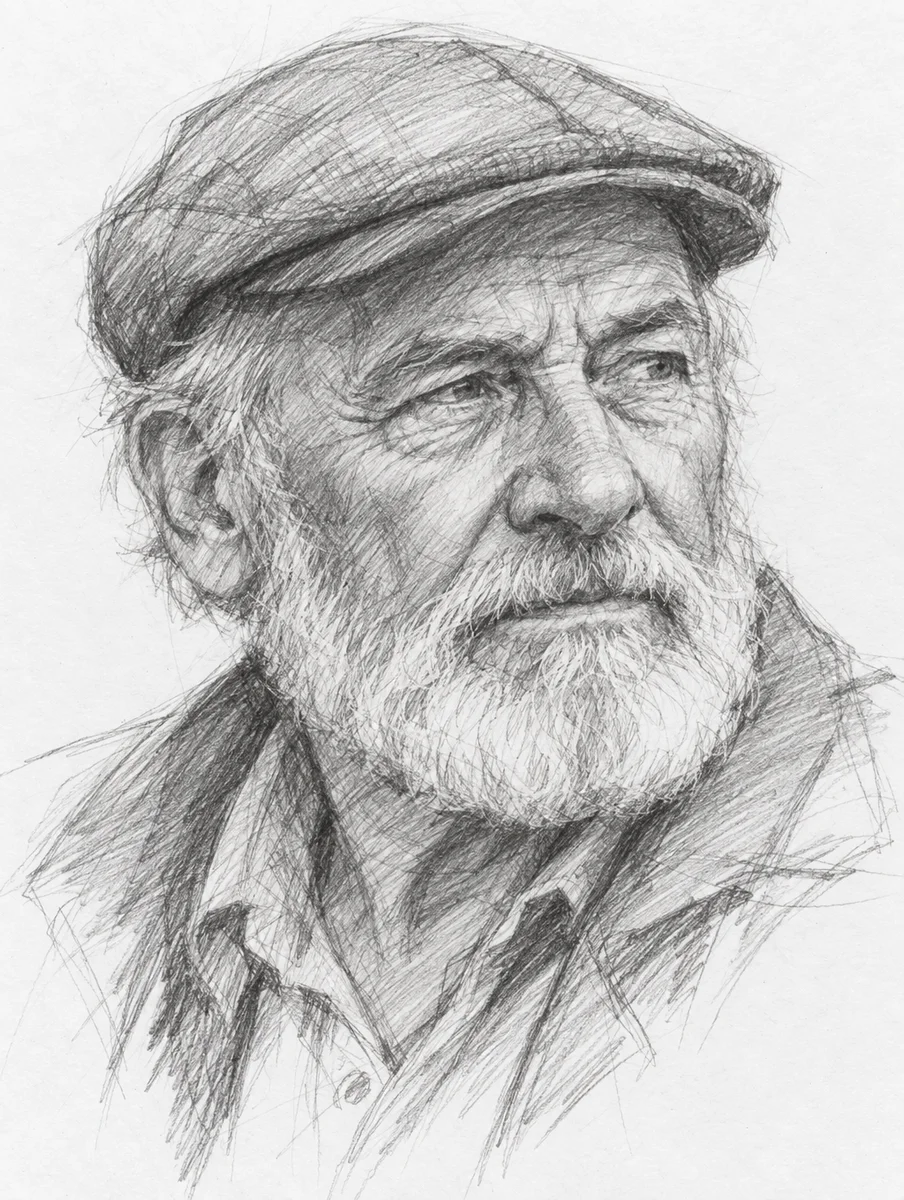 GPT Image 2.5 Sunburst: pencil sketch of an old man with a beard and a flat cap, looking slightly off camera
