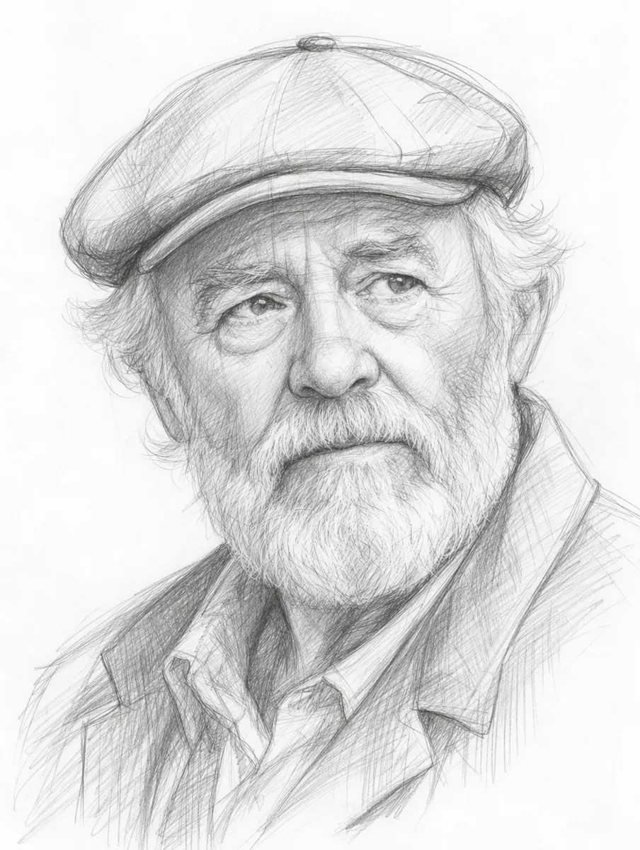GPT Image 2: pencil sketch of an old man with a beard and a flat cap, looking slightly off camera