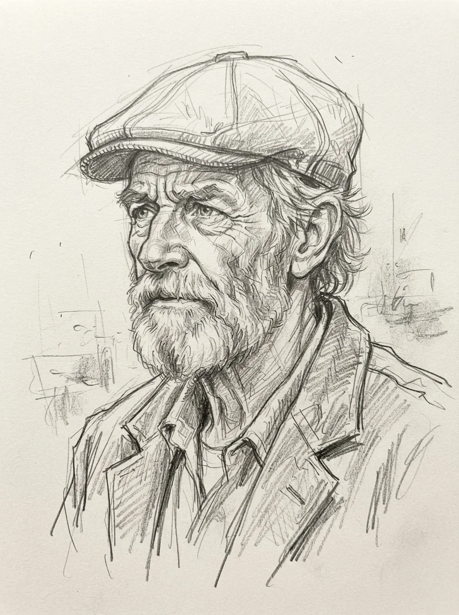 Nano Banana 2 Lite: pencil sketch of an old man with a beard and a flat cap, looking slightly off camera