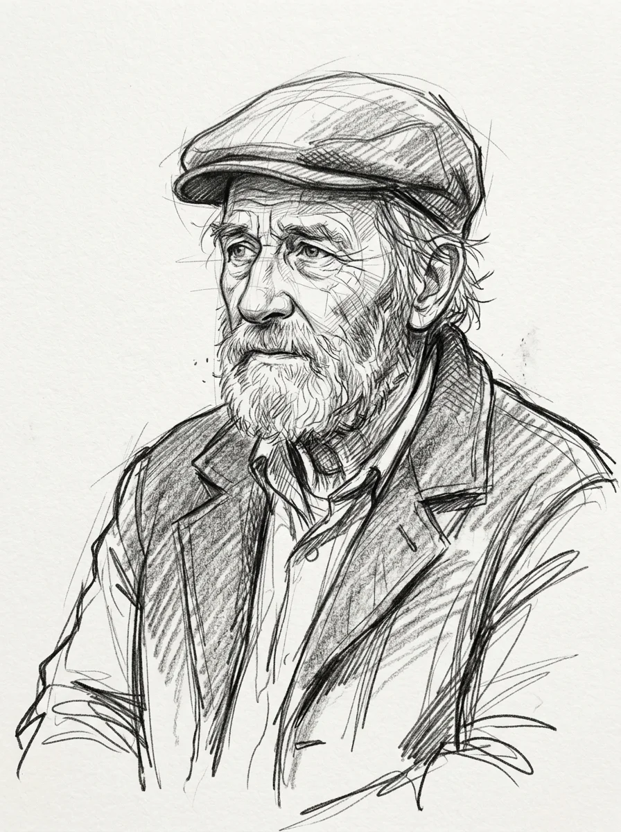 Nano Banana 2: pencil sketch of an old man with a beard and a flat cap, looking slightly off camera