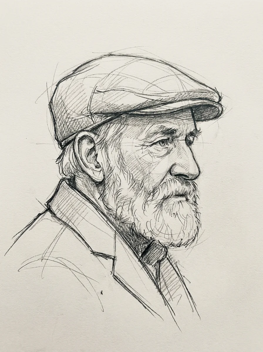 Nano Banana Pro: pencil sketch of an old man with a beard and a flat cap, looking slightly off camera