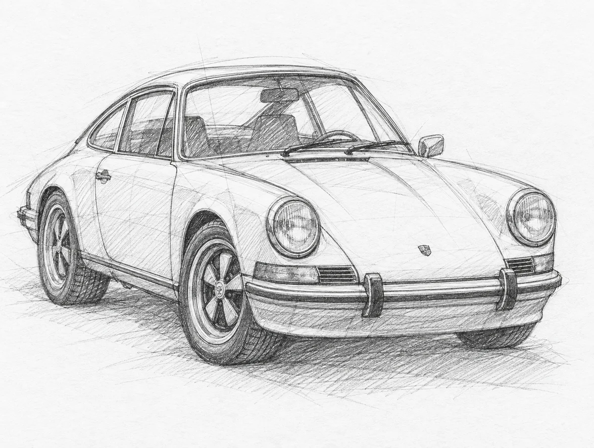 Pencil sketch of a classic porsche 911, front three-quarter view