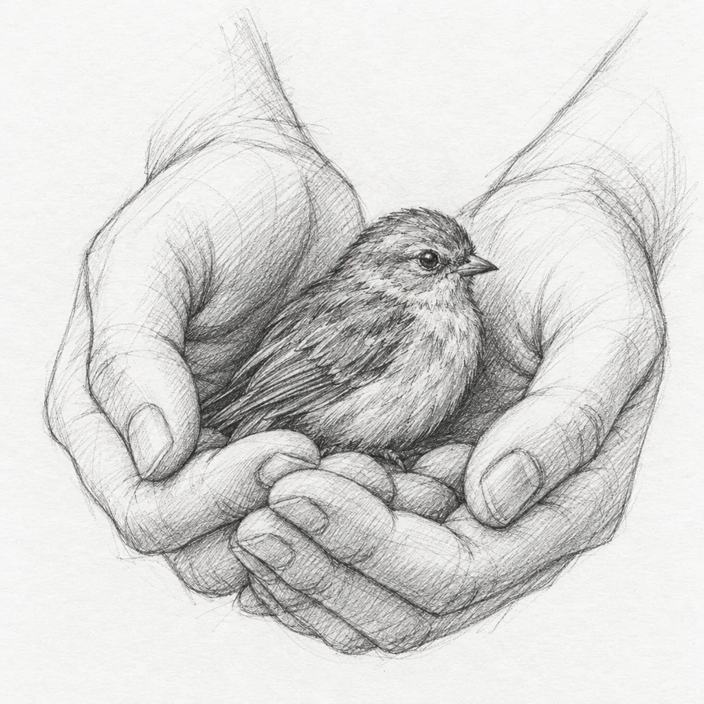Pencil sketch of two hands cupping a small bird