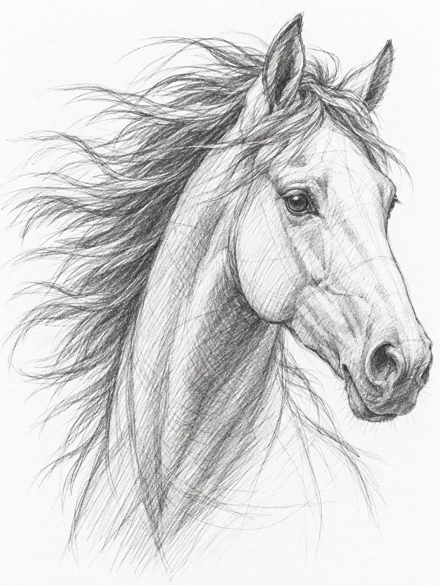 Pencil sketch of a horse's head and neck, mane in motion