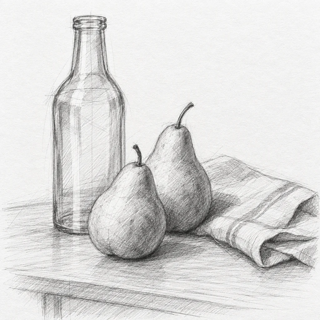 Pencil sketch of a glass bottle, two pears and a folded cloth on a table