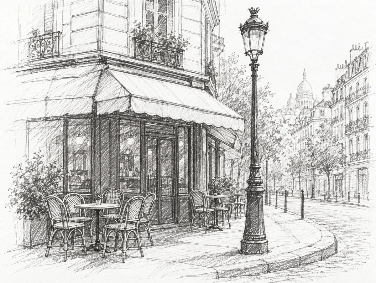 Pencil sketch of a paris street corner cafe with chairs outside and a lamp post