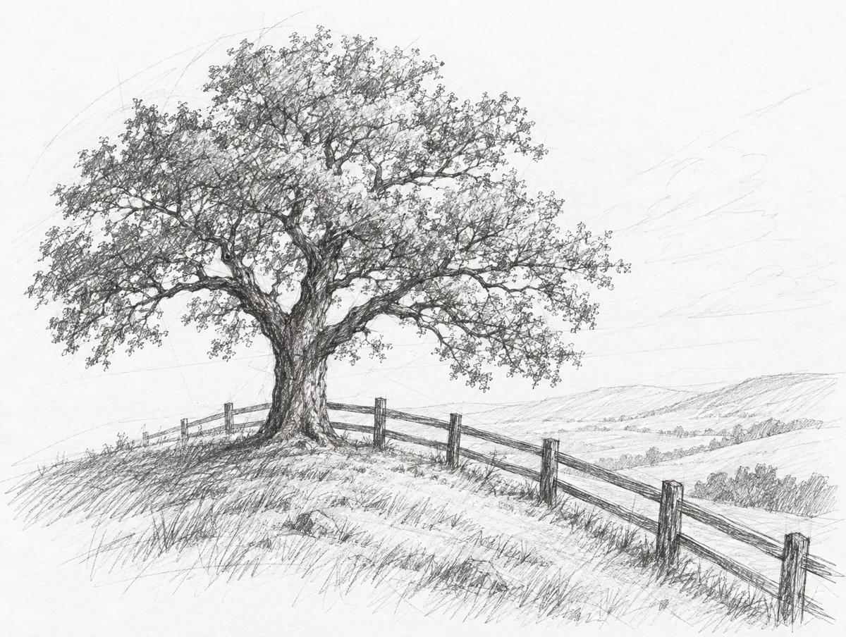 Pencil sketch of a lone oak tree on a hill with a wooden fence