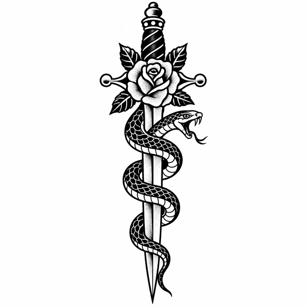 GPT Image 2.5 Flare: tattoo design of a snake wrapped around a dagger with a rose at the hilt