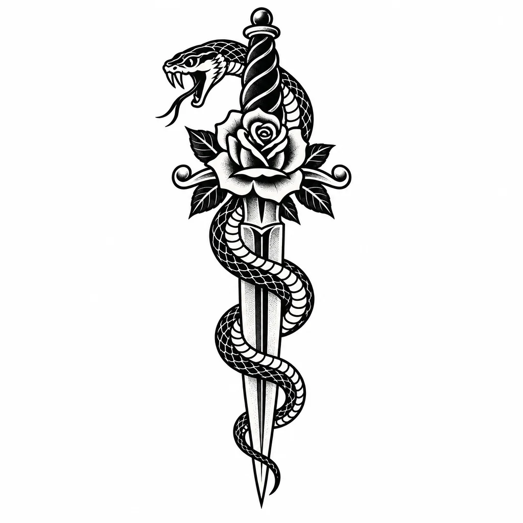 GPT Image 2.5 Sunburst: tattoo design of a snake wrapped around a dagger with a rose at the hilt