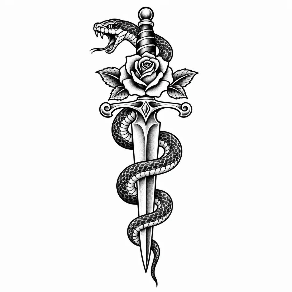 GPT Image 2: tattoo design of a snake wrapped around a dagger with a rose at the hilt