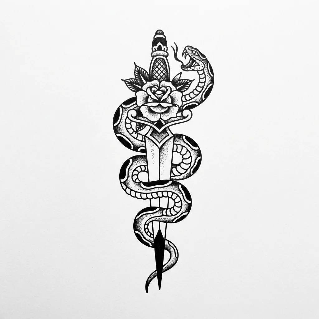 Nano Banana 2 Lite: tattoo design of a snake wrapped around a dagger with a rose at the hilt