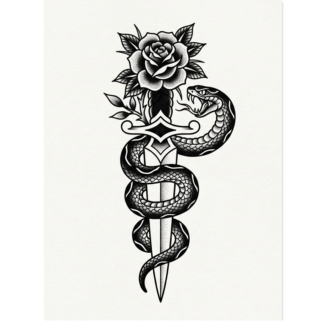 Nano Banana 2: tattoo design of a snake wrapped around a dagger with a rose at the hilt