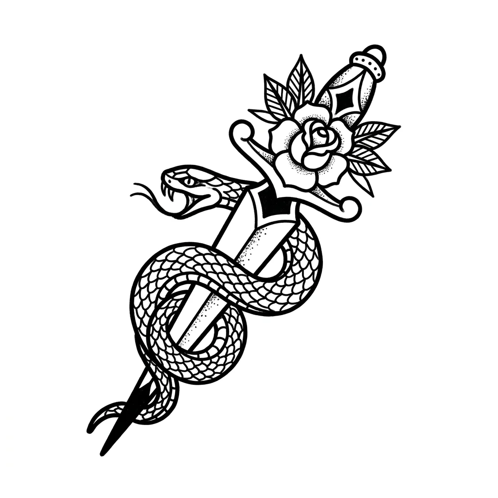 Nano Banana Pro: tattoo design of a snake wrapped around a dagger with a rose at the hilt
