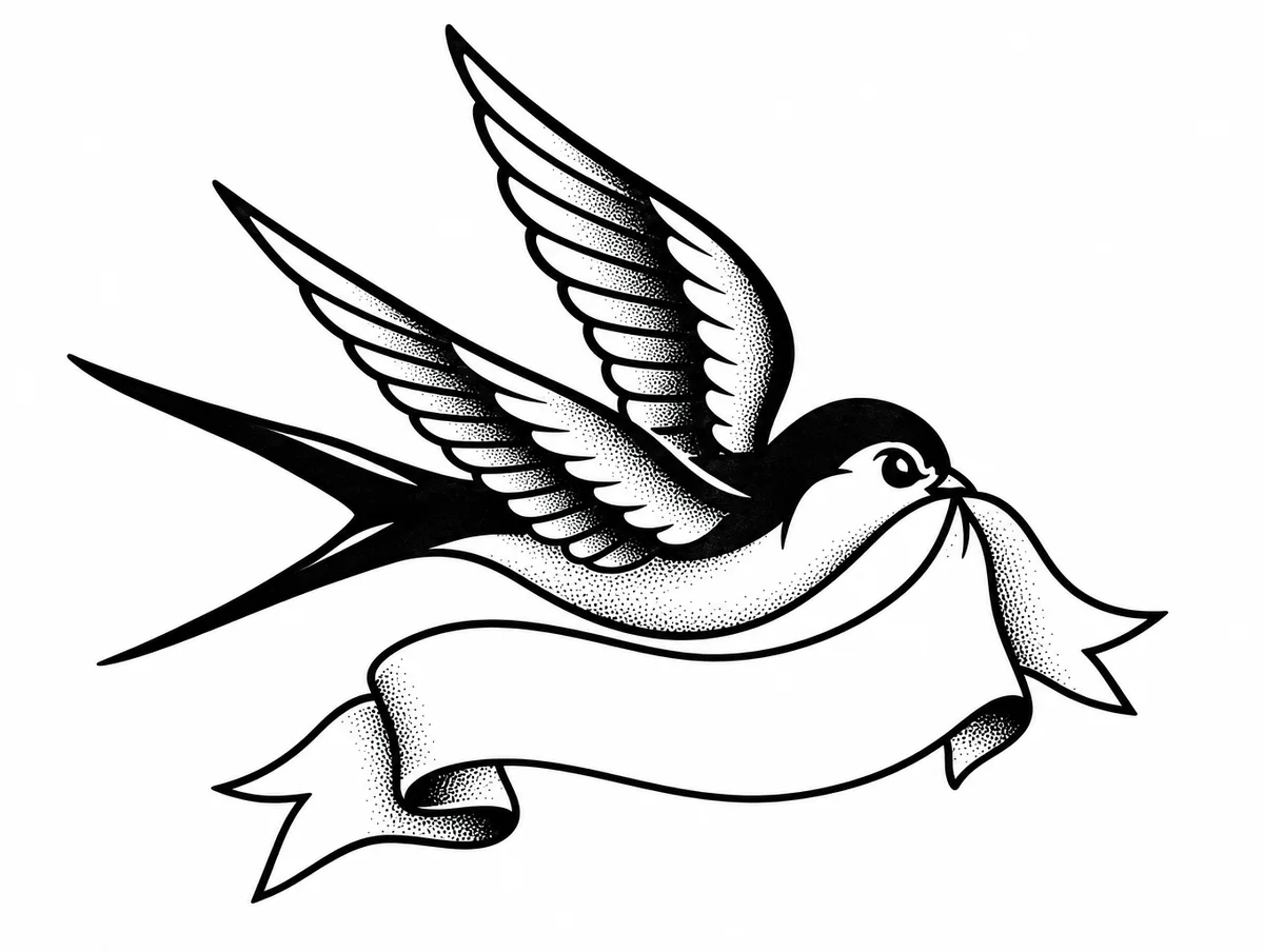 Tattoo design of a swallow carrying a banner with space for a name