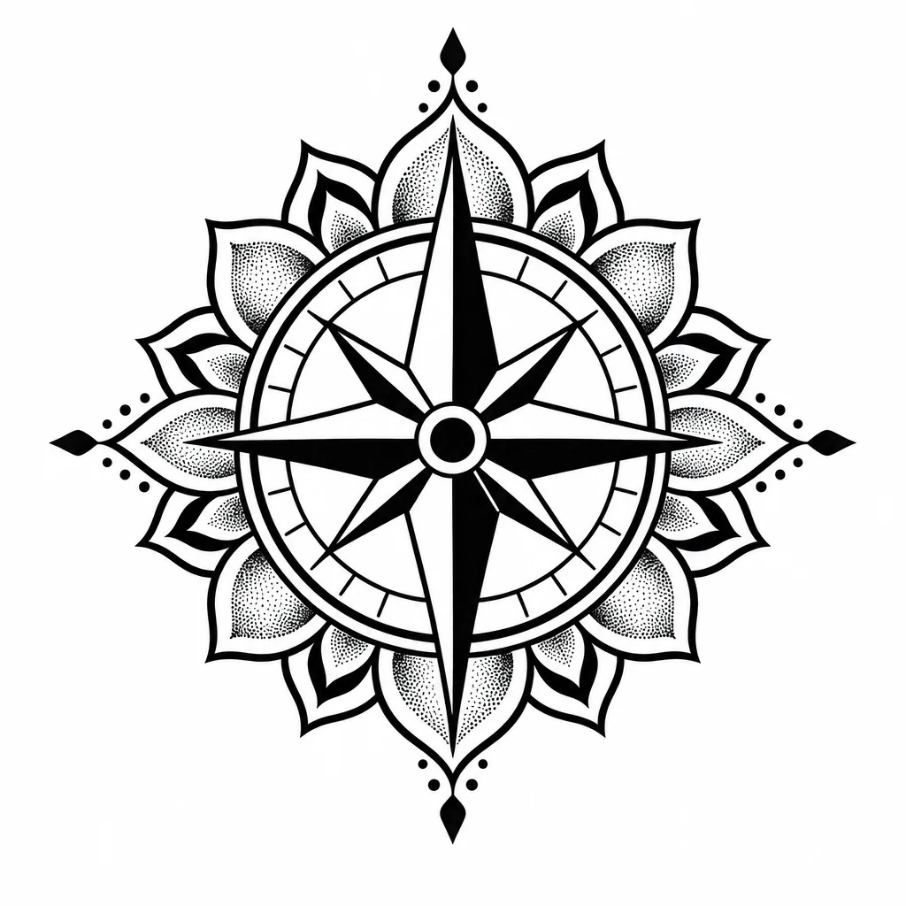 Tattoo design of a compass rose inside a geometric mandala