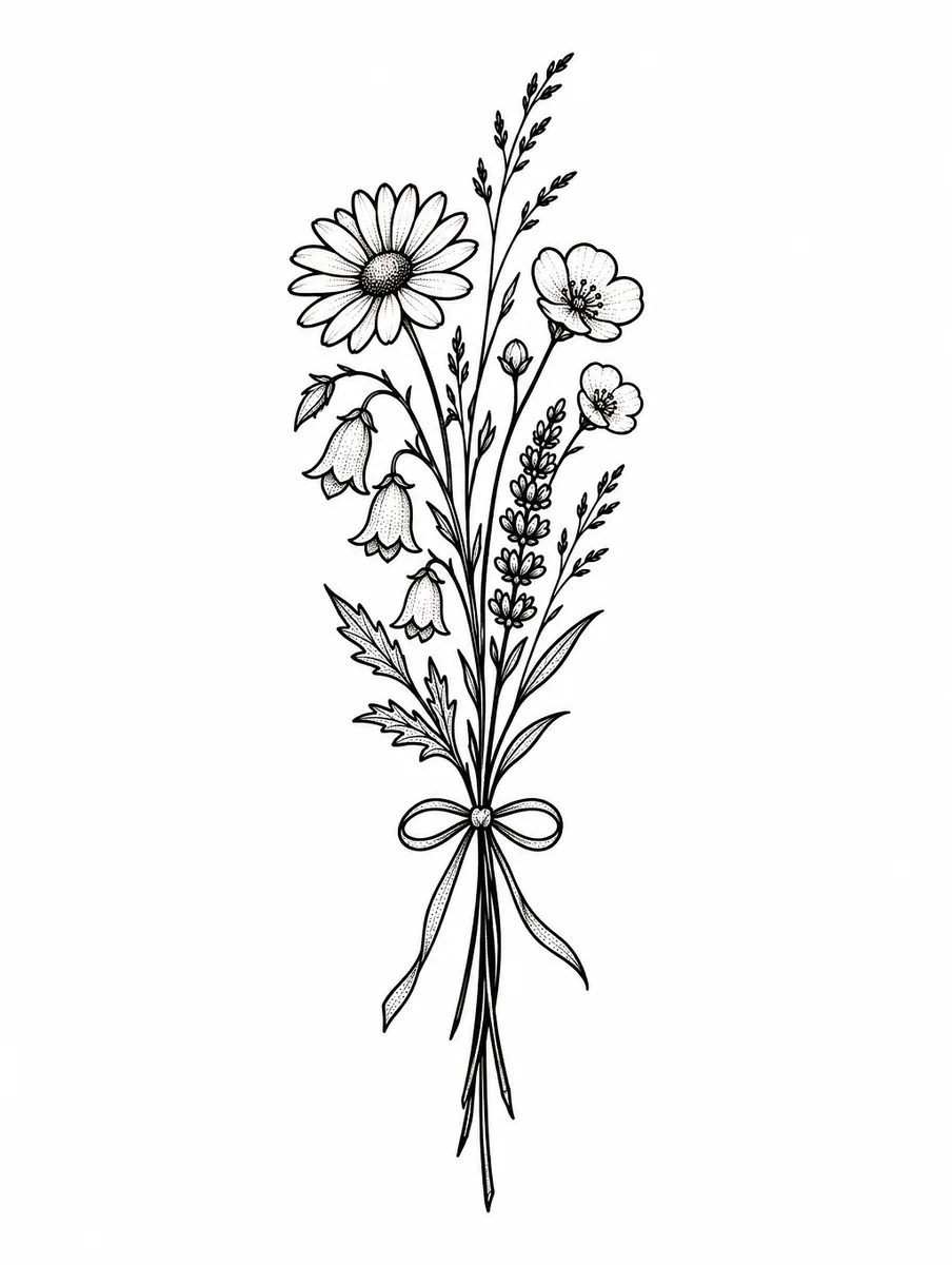 Tattoo design of a single-needle fine-line sprig of wildflowers tied with a thin ribbon