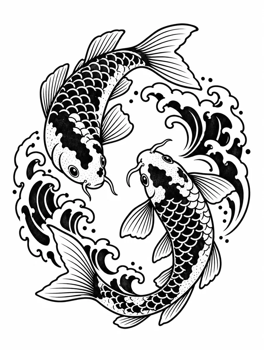 Tattoo design of two koi fish circling each other among waves