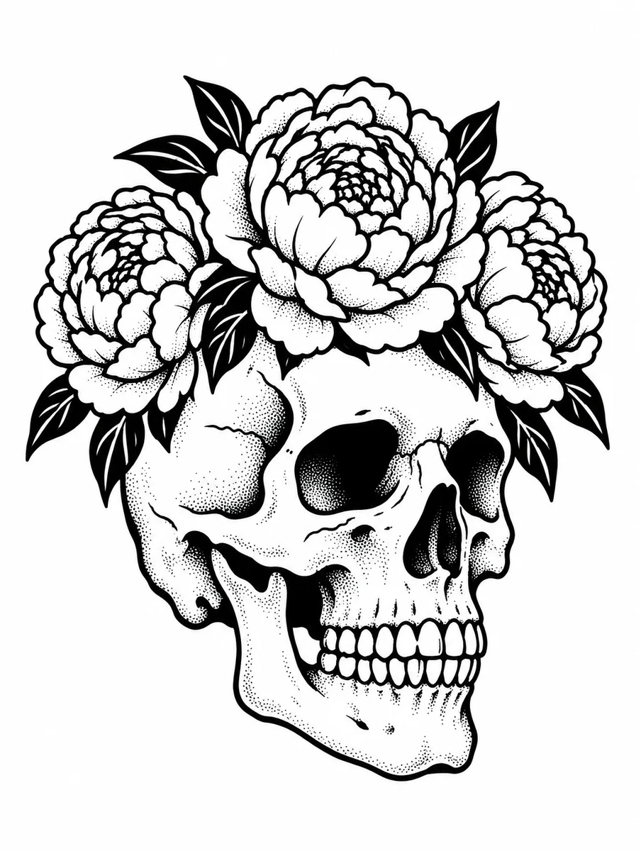 Tattoo design of a skull wearing a crown of peonies