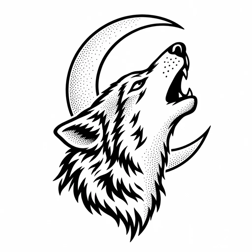 Tattoo design of a howling wolf head in front of a crescent moon