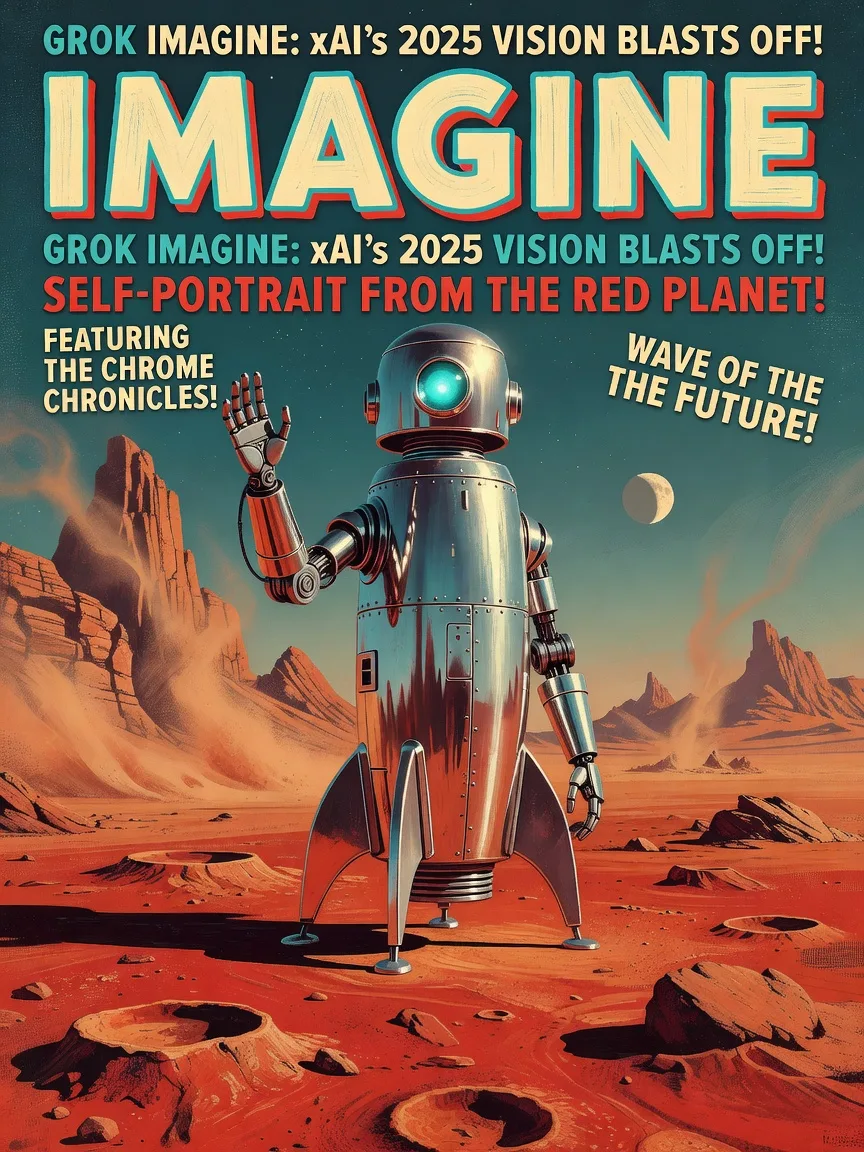 Grok Imagine self-portrait, pulp sci-fi magazine cover