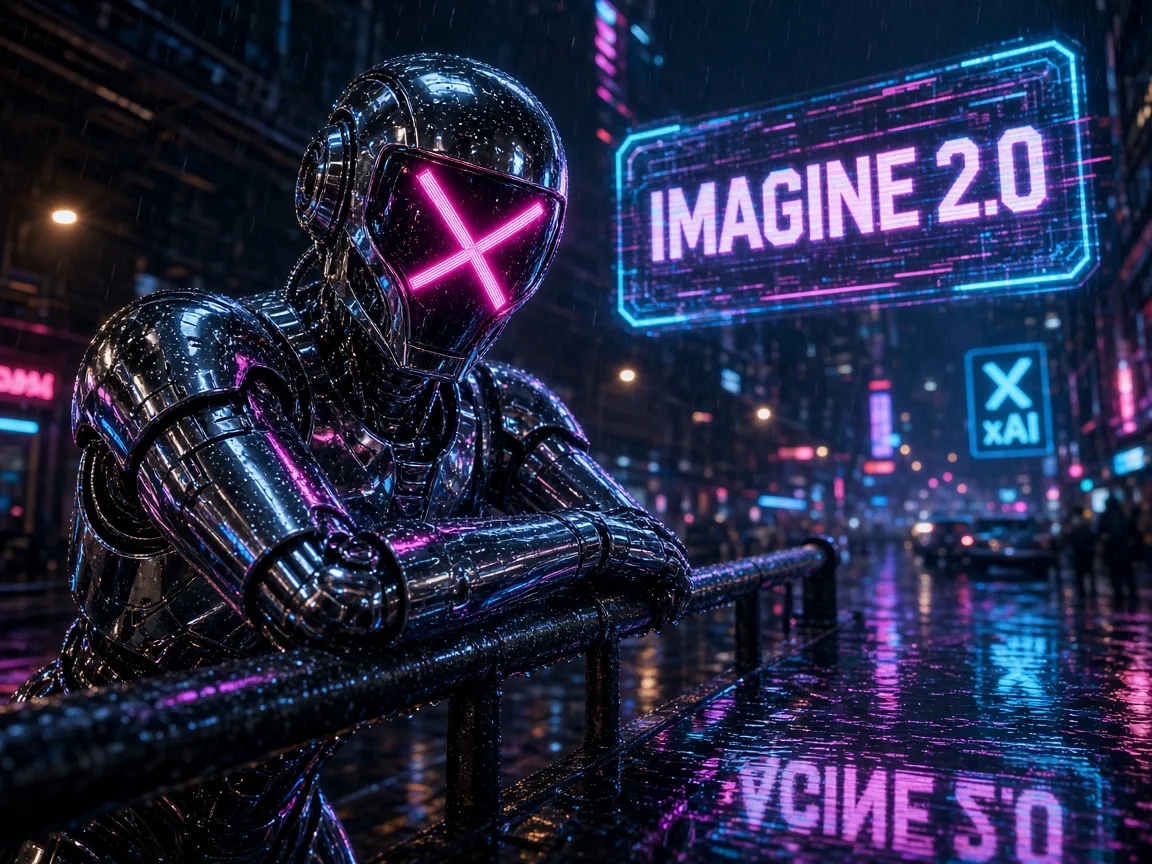 Grok Imagine 2.0 self-portrait, cyberpunk street photograph